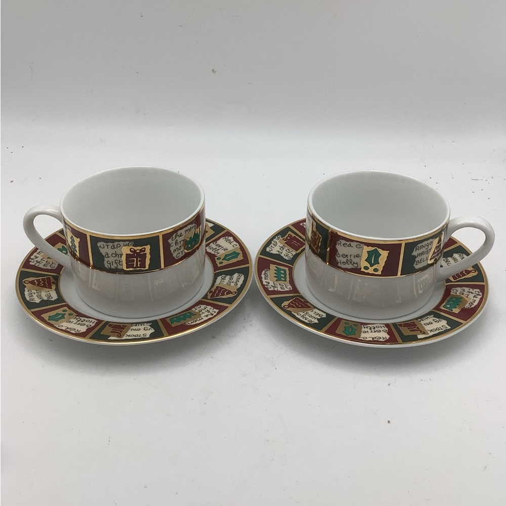 Two Pier 1 Yuletide Greetings Cup and Saucer Sets